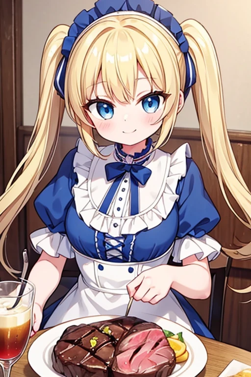 A happy smile,Large serving of beef steaks,large amount of steak,Highest quality,Blonde with blue eyes、****ta、Small breasts、Twin tails、girl&#39;enjoy,smile,bonnet,