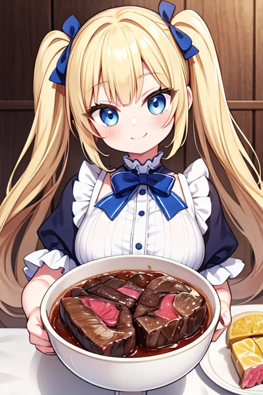 A happy smile,Large serving of beef steaks,large amount of steak,Highest quality,Blonde with blue eyes、****ta、Small breasts、Twin tails、girl&#39;enjoy,smile,bonnet,