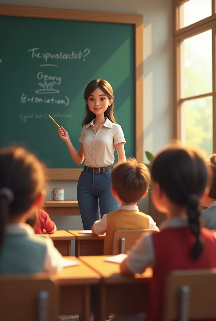 A lady young teacher writing on a problem on a block board for children