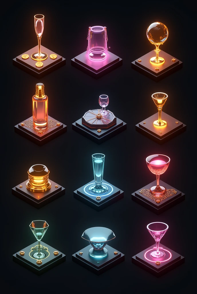 Design a set of 3D icons representing different VIP tiers: VIP, SVIP, SSVIP, XVIP, XXVIP, and XXSVIP. Each icon should feature a unique grand color that reflects the level of exclusivity and luxury associated with it. Incorporate stylish elements and modern design to make each icon visually distinctive while maintaining a cohesive look across the collection. The icons should embody elegance and prestige, suitable for an upscale brand or service.