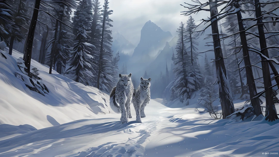 a silver barbarian snow leopard, detailed snow leopard, walking on snow, winter landscape, snowy forest, detailed fur, sharp claws, fierce eyes, powerful muscles, majestic pose, (best quality,4k,8k,highres,masterpiece:1.2),ultra-detailed,(realistic,photorealistic,photo-realistic:1.37),landscape, dramatic lighting, cold atmosphere, muted colors