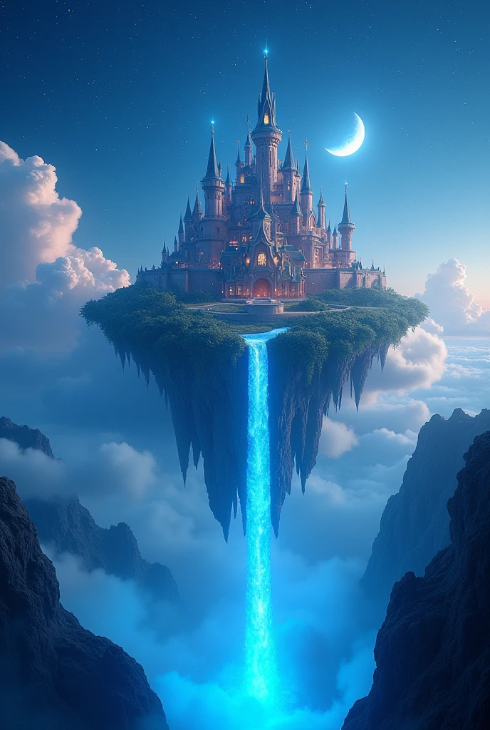 (photorealism:1.2), Floating magical kingdom among the clouds of stars, at night with a blue light surrounding the kingdom. A waterfall falls from the kingdom below, daring the clouds. with a half moon