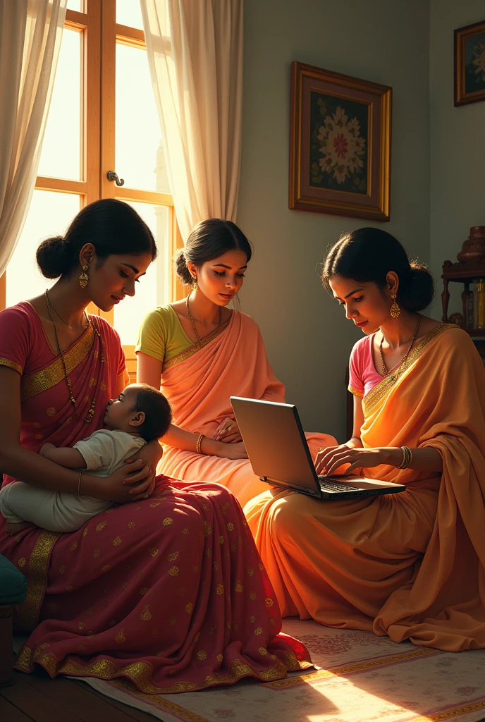 Beautiful women in old saree breast feeding another women and working in front of laptop 