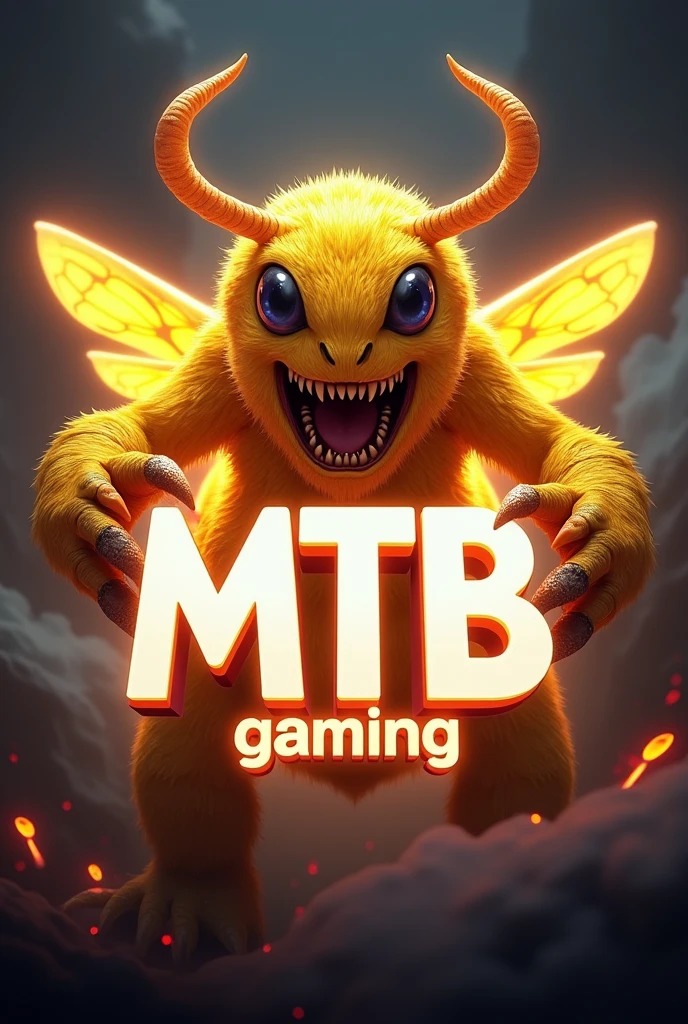 Design a vibrant 3D gaming logo: a fierce yellow monster lebah with a captivating glow. Place “MTB” in bold white at the center, radiating intensity, and position “Gaming” below for a luminous touch. Convey power and excitement in a dynamic visual.