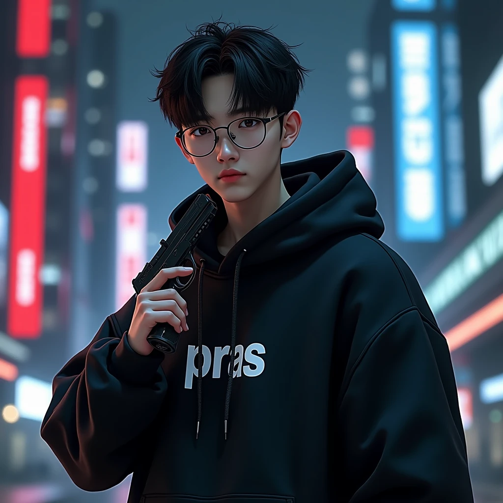 Create a character hoodie, {{background: text “GLBK”, night city}},
realistic, HDR, use glasses, handsome korean style, full body, use pistol, age 20, hoodie HD text: “PRAS”