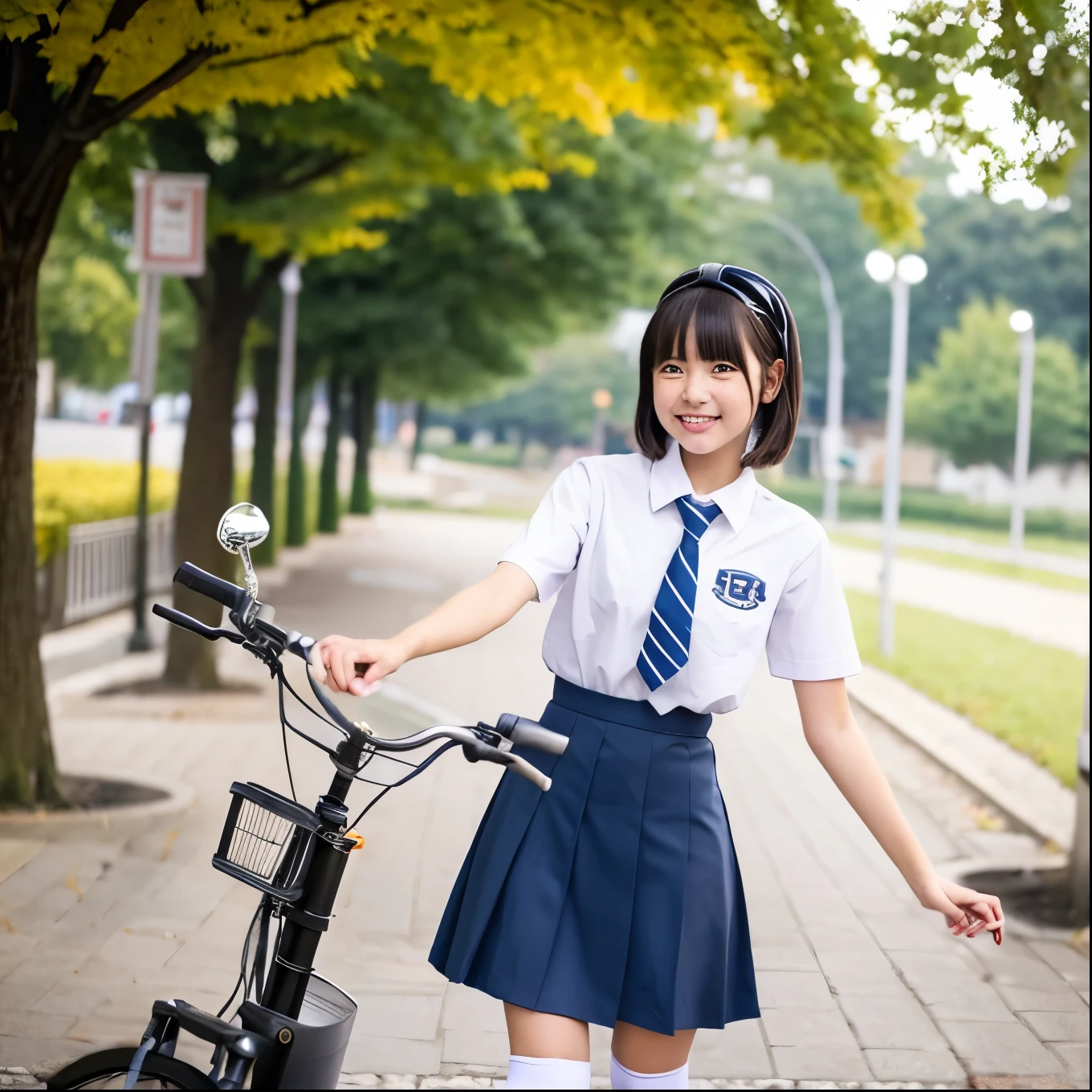 high school girl、bicycle、Sprint、uniform、skirt、Knee-high socks、loafers、In town、smile、Brown Bob、straddle、One person