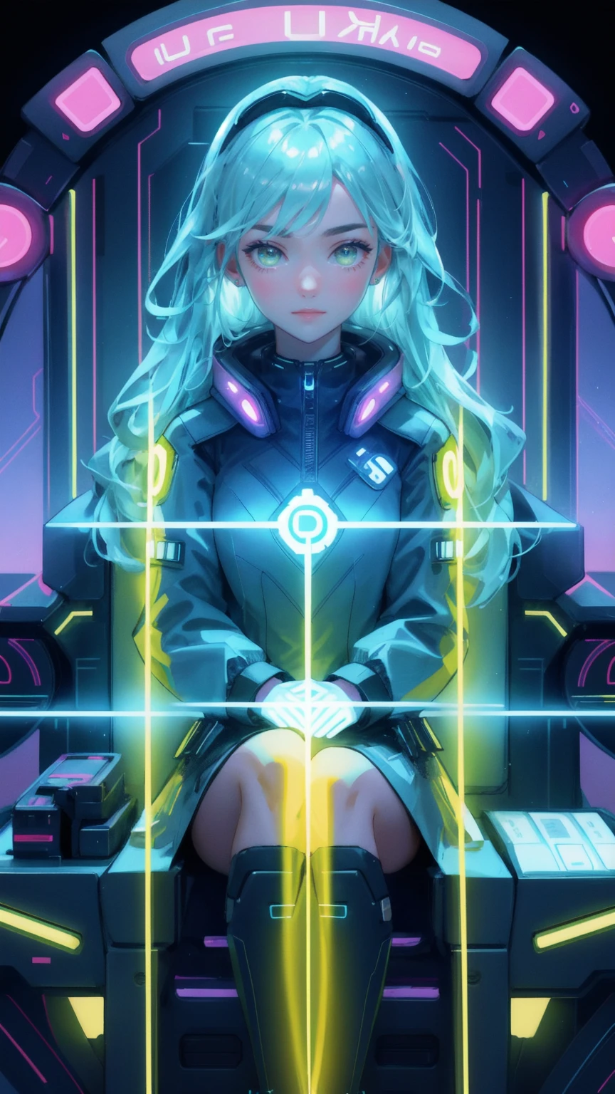 Create an image of a beautiful girl with a futuristic look, wearing high-tech goggles, sitting in a sleek time machine chair, holding stacks of cash with an astonished expression. Floating around her are bitcoins and dollar signs, with bright neon lights reflecting off a shiny yellow background. The scene captures the essence of 'Early Mover Time Machine,' emphasizing a bold yellow backdrop with glowing circuits and energy waves, highlighting the excitement of being an early adopter in the crypto world.