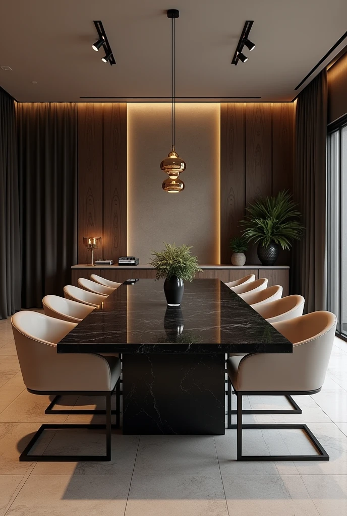 Professional 3d architecture rendering design of modern and minimal dining room with so dark beige 8 chairs and black slab stone marble table modern and modern ceiling lighting and elegant ceiling lighting and dark wooden consulate and elegant ceiling lighting