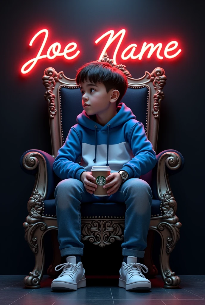 A boy sitting on a kings chair with a hoodie blue and white Starbucks coffee mug behind it a wall black coloured and a neon light on Nabil name and a Rolex watch