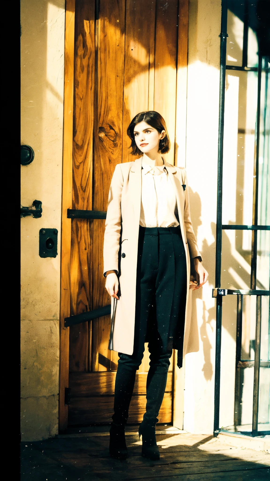 (masterpiece:1.2, best quality:1.2, extremely delicate:1.2), ((Alexandra Daddario:1.2)), a young women with auburn hair, a center-parted back hairstyle, narrow eyes, a cunning smile, a two-piece fantasy-reality style outfit, a white undershirt, a dark formal-style coat, wearing gloves, matching trousers with the outfit, has metallic-adorned knee-high boots, this character embodies a finely crafted fantasy-realistic fighter, exquisite photography, Photo realism, photorealistic, goddess, pale skin, perfect skin, textured skin, detailed skin, porcelain skin, dramatic, high definition, highres, ultra-detailed, ultra-fine painting, professional, perfect body proportions, golden ratio, anatomically correct, symmetrical face, perfect eyes, extremely detailed eyes and face, high quality eyes, creativity, RAW photo, UHD, 32k, Natural light, cinematic lighting, (masterpiece-anatomy-perfect:1.2)