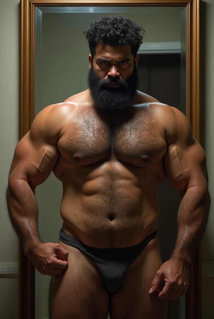 Strong Puerto Rican man with hairy body, very hairy, bearded man in front of the mirror naked naked from the belly down, nakeness, penis, hairy groin, black hair in the groin, hand covering genitalia, without underwear, only bust showing.