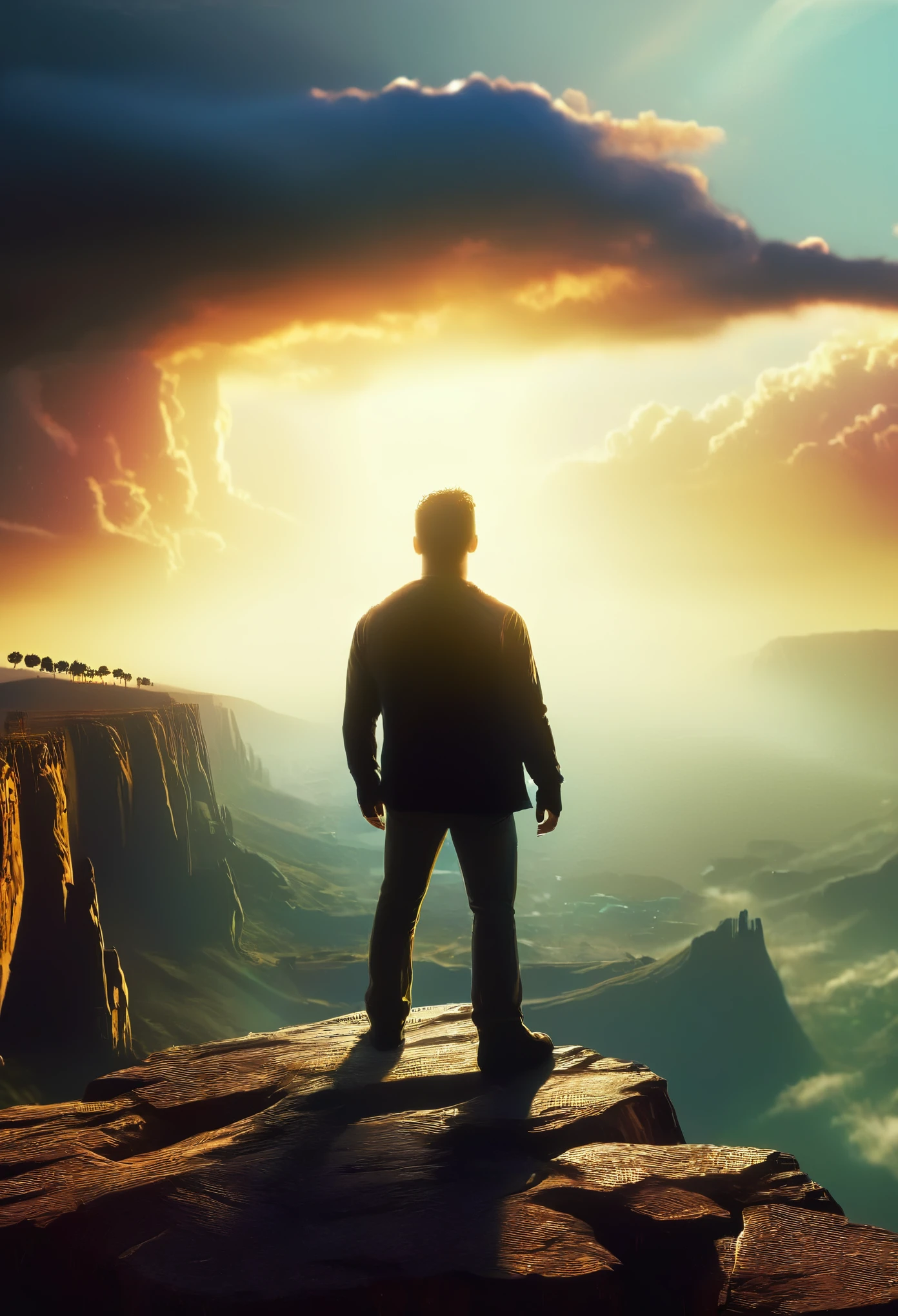 a man standing on the edge of a cliff looking into the sky, cinematic, dramatic landscape, epic dramatic clouds, moody dramatic lighting, intense atmospheric mood, ultrarealistic, 8k, photorealistic, highly detailed, intricate details, ambient occlusion, volumetric lighting, dramatic cinematic composition, wide angle lens, sweeping vista, rugged rocky cliff, man silhouetted against sky, intense emotive expression, chiaroscuro lighting, golden hour lighting, dramatic shadows, glowing sunset sky, awe-inspiring scale, atmospheric haze, depth of field blur