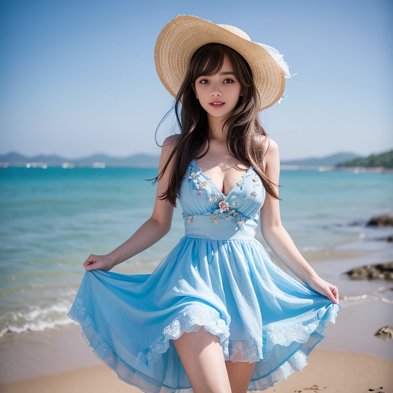 laughing out loud,(knee shot), 1 girl, light brown hair, blunt bangs, hair behind ears, Hair over the shoulders, long hair, Slender body type, Super thin face, face slimming, delicate lips, beautiful eyes, Thin blush, Eyes are light brown,Check it out here, (realistic:1.3), 8k, , Super detailed, high quality, best quality, High resolution, (Full breasts), 3, , (Gauze skirt), (tutu), wearing a light blue flower dress, Cute and elegant pose, (((Gauze puffy dress))), Gauze skirt, five layer Gauze skirt, There is petticoat inside the skirt,The dress is made of chiffon,Soft and fluffy dress, elegant, (Stand on the beach), wearing a straw hat, light blue small flower dress,long skirt. hand on hat, Chiffon dress,These floral patterns are mostly small flowers scattered throughout clothes and dresses., Blue floral dress,Floral pattern dress,Ruffled dress,The whole dress has floral flowers,wear a F cup,large breast