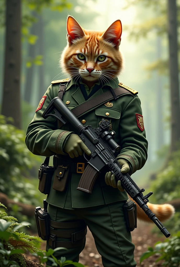 A cat in military uniform with a gun and forest background 
