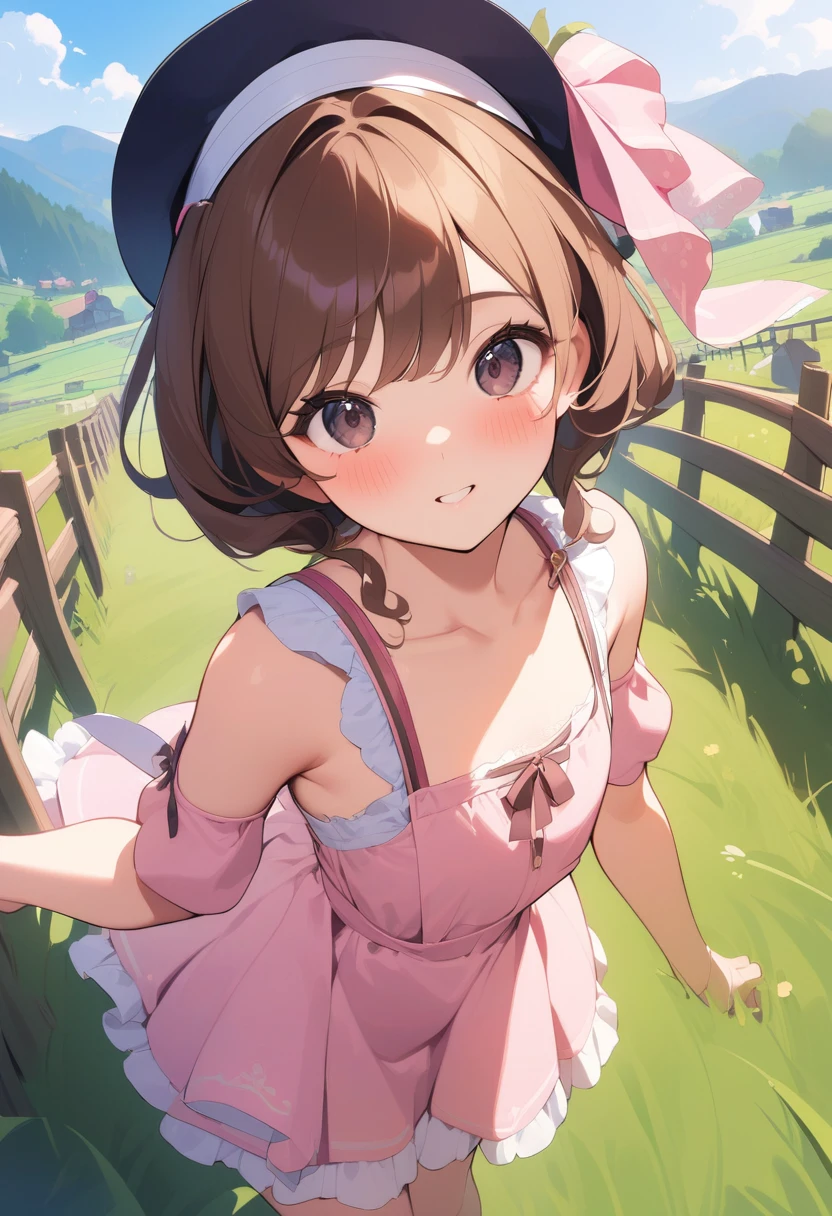 Drawn in {renaissance} style,{1girl},chaotic,creating,at close-up view,in scenery scene,adventurer profession,{black} eyes,brown bald hair,wearing pink sundress cloth,wearing fascinator,flat chest body,, masterpiece,best quality,ultra-detailed,farm,The skirt is transparent,You can see the chest