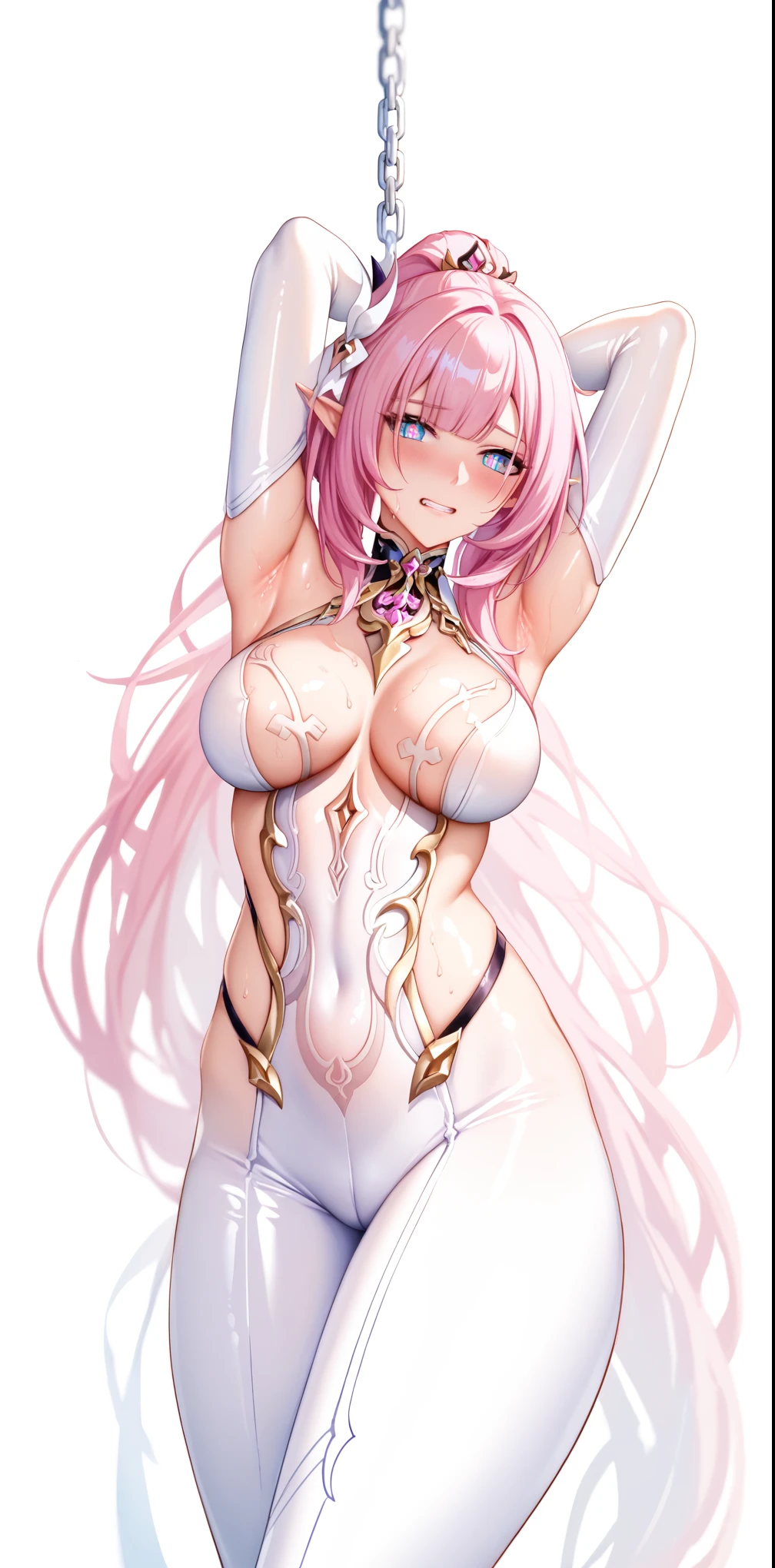 score_9, score_8_up, score_7_up, score_6_up, uncensored, elysia \(honkai impact\), slit pupils, pink pupils, elf, pointy ears, pink hair, long hair, blue eyes, bangs, large breasts, low ponytail, hair ornament, BREAK detailed eyes, (perfect hands, perfect anatomy), Anime Style, Manga Style, Hand drawn, cinematic, Sharp focus, humorous illustration, big depth of field, Masterpiece, concept art, trending on artstation, Vivid colors, Simplified style, trending on ArtStation, trending on CGSociety, Intricate, Vibrant colors, Soft Shading, Simplistic Features, Sharp Angles, Playful, excessive sweating, sweating profusely, sweating drop BREAK, ruanyi0469, Nude color bodysuit, shiny clothes, skin tight, tattoo, barcode, nude, metal spine, solo, blush, embarrassed, drunk, clenched teeth, looking_at_viewer, bound, arms_up, gasping, heavy breathing,