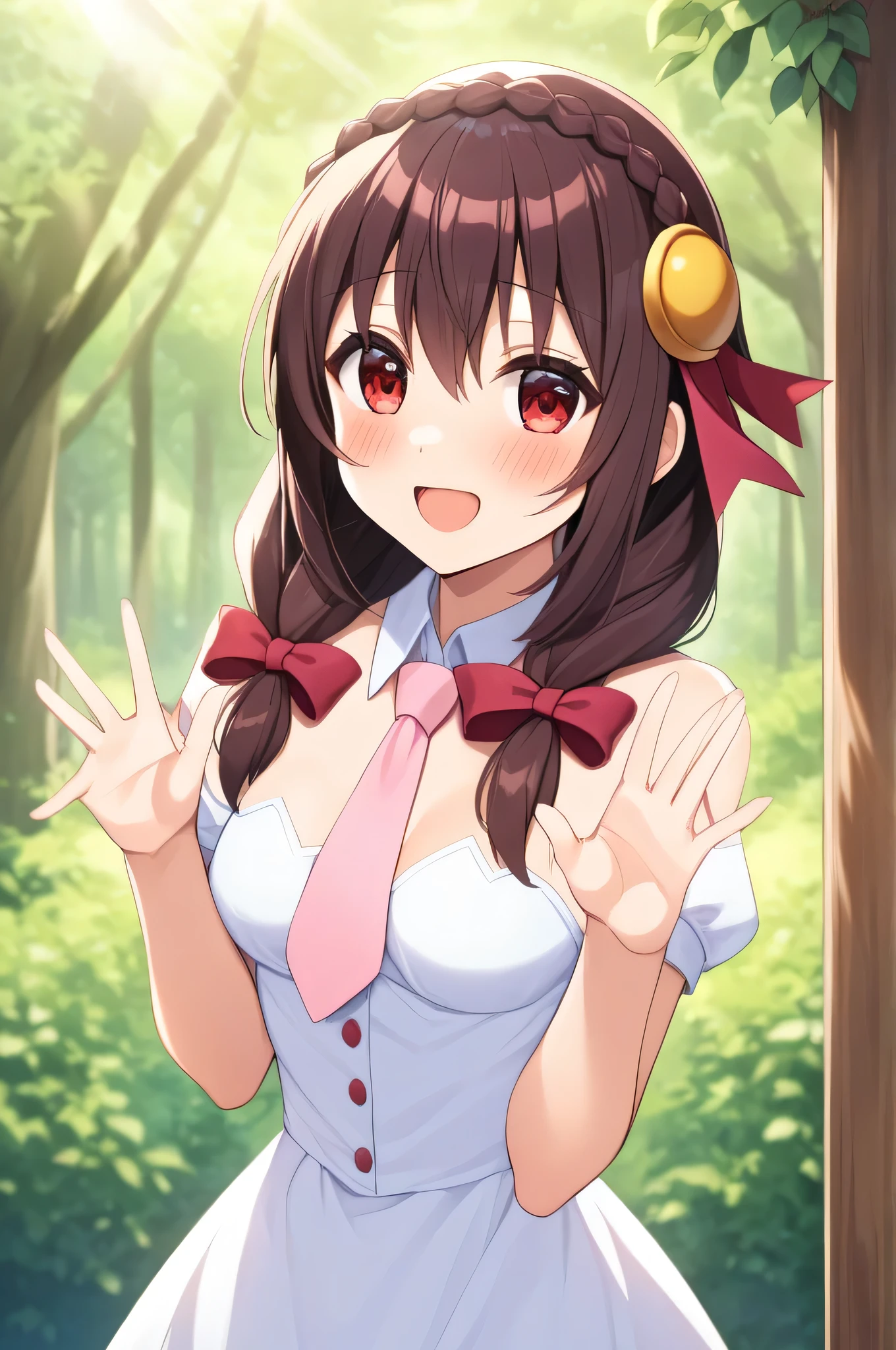 alone, One person, Yunyun, ♥、 (blush:1.5)、Crown braids of the same color as your hair、hair ornaments, Hair Ribbon, Pink tie, White dress, Shy laugh、Sunlight filtering through the trees、He turns around and holds out one hand to the viewer.