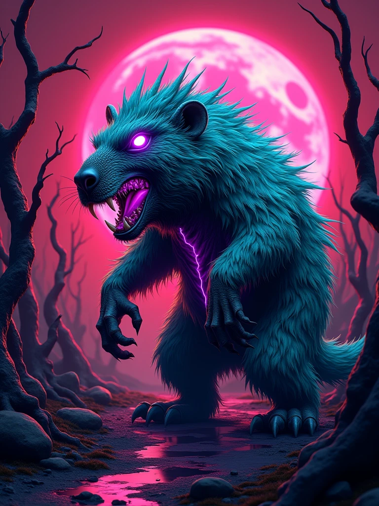 a highly detailed image of a monstrous, mutated capybara with glowing neon eyes, exaggerated fangs, and a heavily natural body. The fur is a mix of electric blues and toxic greens, with veins of bright purple energy coursing through it. The background should feature a dark, apocalyptic landscape with twisted, dead trees and a blood-red sky. The entire scene is illuminated by a neon pink moon, casting an eerie glow over the creature, giving it a grotesque yet captivating appearance. The style should be reminiscent of ((Brock Hofer’s)) vibrant and intense artwork, with a mix of horror and pop culture aesthetics.”