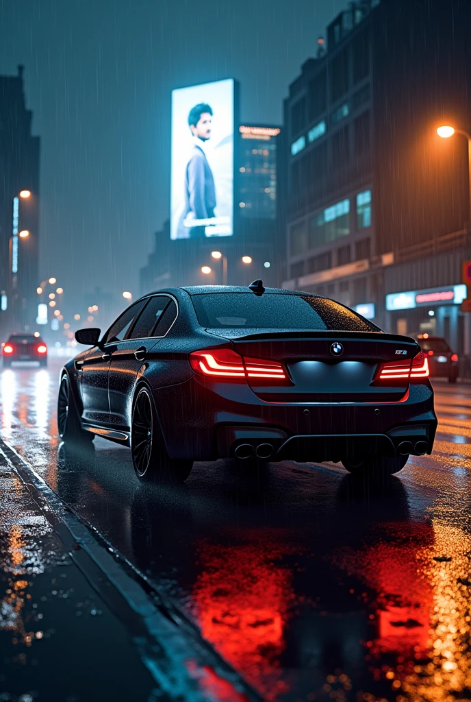 A BMW m5 car standing at night with raining and in back ground there are buldings and also a bilboard looking at camera written “Osaid Goraya” on it very realistically ultra realistic 8k