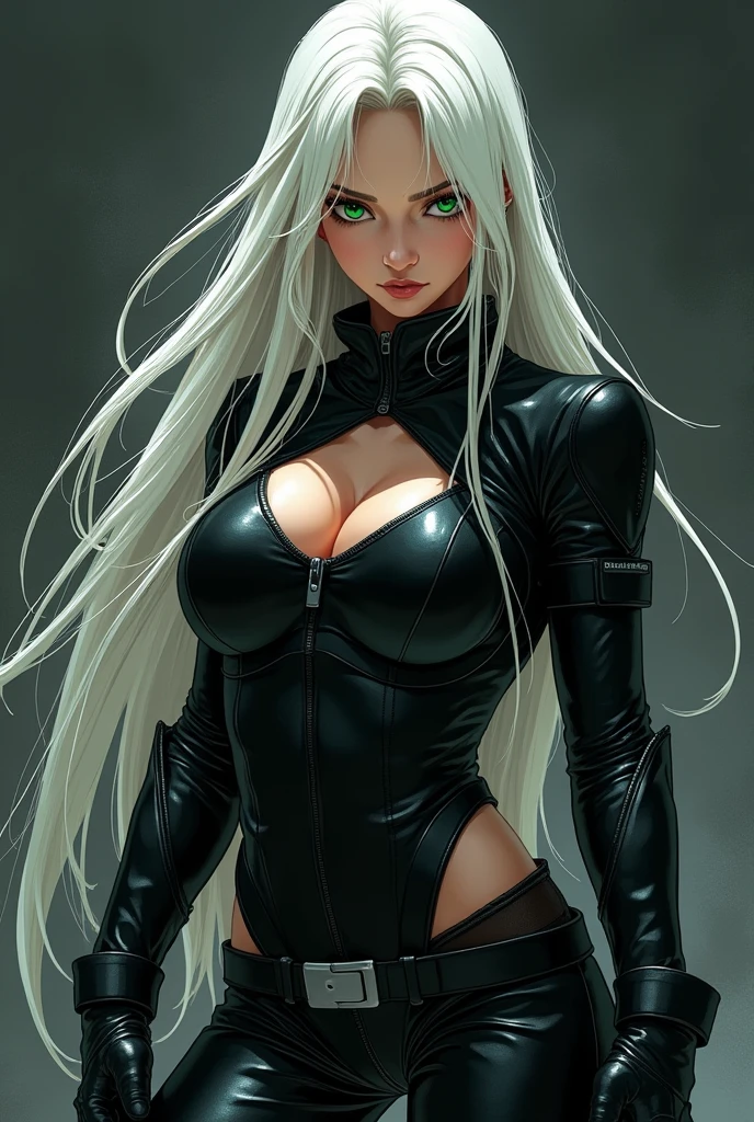Manga woman white hair green eyes dressed in black badass