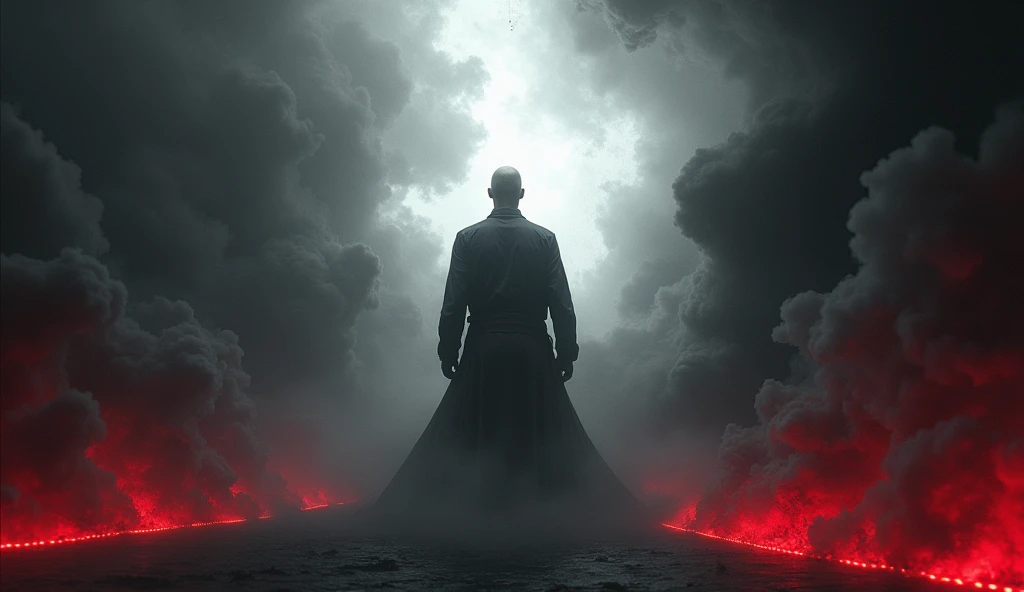 a man 1 meter and 81 centimeters tall, bald and faceless and this man will be looking up with a white aura around him. And in the rest of the image there will be only black smoke with strong red lines., everything will be around the man with the white aura