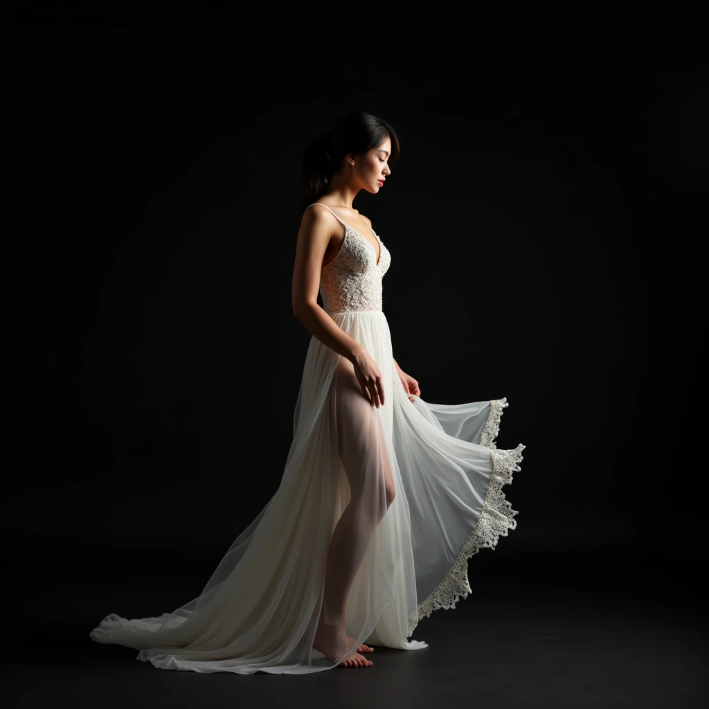 beautiful woman in a sheer white dress, dramatic lighting, studio setting, black background, intricate lace details, elegant pose, high-fashion glamour, cinematic atmosphere, photorealistic, hyperdetailed, 8k, masterpiece