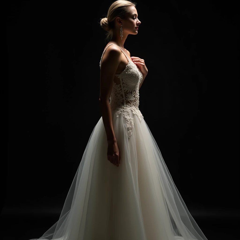 beautiful woman in a sheer white dress, dramatic lighting, studio setting, black background, intricate lace details, elegant pose, high-fashion glamour, cinematic atmosphere, photorealistic, hyperdetailed, 8k, masterpiece