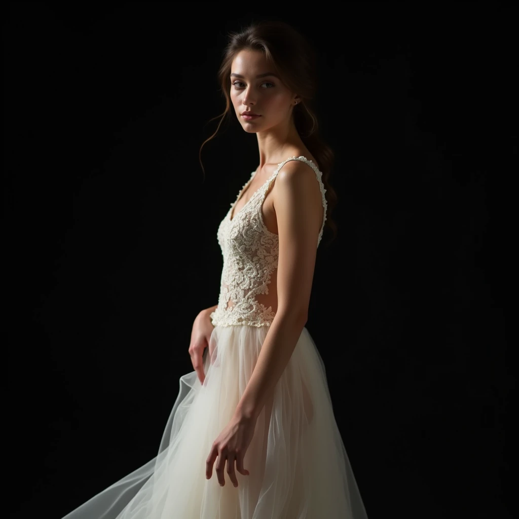 beautiful woman in a sheer white dress, dramatic lighting, studio setting, black background, intricate lace details, elegant pose, high-fashion glamour, cinematic atmosphere, photorealistic, hyperdetailed, 8k, masterpiece