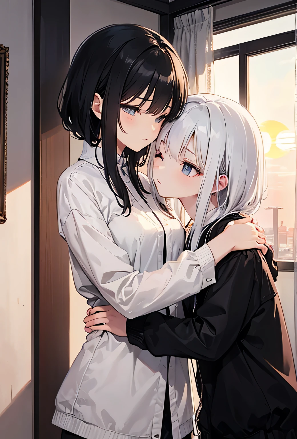 Highest quality、high resolution、A young white-haired girl with her eyes closed、A young girl with black hair and squinting eyes、Casual clothes、Embrace each other、Kissing each other、Inside the room、The setting sun shines in