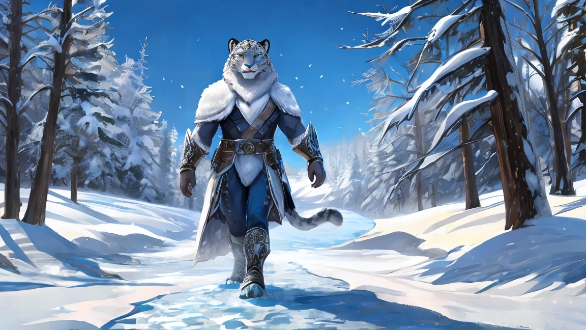 A silver barbarian snow leopard walking on the snow