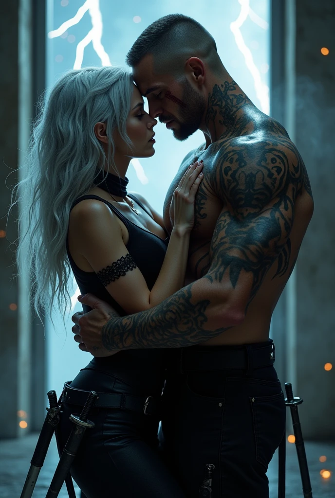 Create an image of a couple kissing at the desk, She has silver hair and an all-black fighting outfit with daggers on her body, he is strong and has a scar on his eye, tattoo of cuts all over his arm and a dragon tattoo covering his back, black clothes and thunder falls in the window. They are in a room.