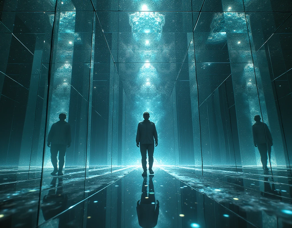 A room full of mirrors that reflect a single central object from infinite perspectives, each one showing a different world. In one of those worlds, A double of the observer is watching back, breaking the barrier between realities.