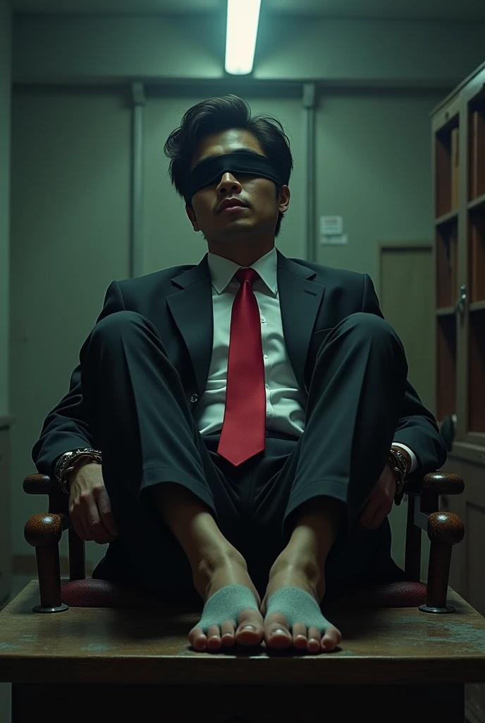 Malaysia malay handsome 19 years lawyer
His hand get handcuff
in abondon warehouse
Blindfolded
Black Suit and Red tie
feet on desk
feather
shoes on desk
5 toes each feet
Grey sock
Smock effect smelly sock
1 man take off his shoes
1 another man tickle his sole
Tickle feet using feather
He laugh very hard