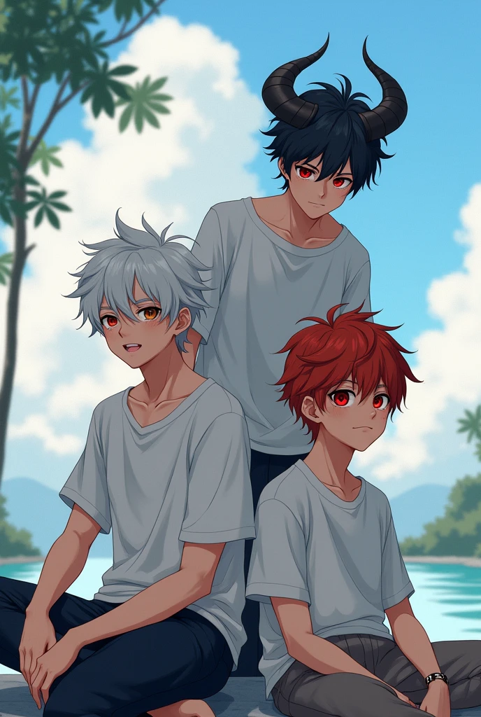 A soft and handsome 19 Japanese boy. Short white messy hair, falling on his forehead. Golden eyes. Tan skin. Introverted. Sitting on a chair. Next to
A mischievous and handsome 18 Japanese boy. Short red not orange messy hair, falling on his forehead. He smirk. He have bandage on his cheeks and bruises under his eyes. Standing behind them. 
There is also a  stoïc 16 Japanese demon boy with short black messy hair. Red glowing eyes. Black horns. Standing. He is the Shortest, levitating. 