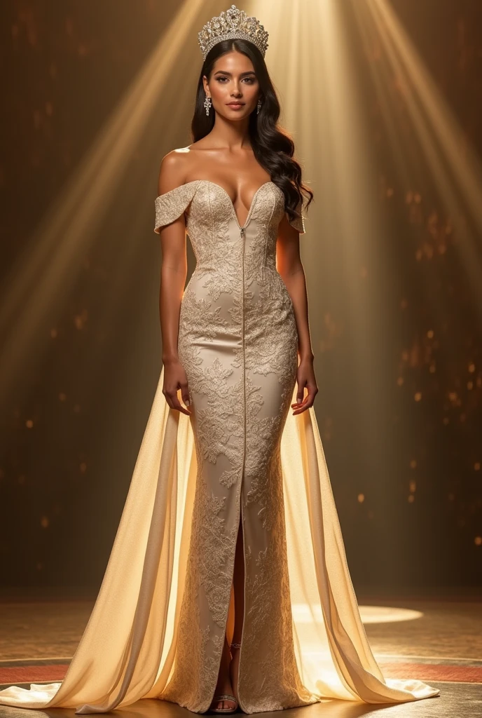 Miss universe, ivory beige long kebaya brookat dress, at stage, wear crown, elegant, beautiful, slim, don't smile. Sharp eyes, cool.