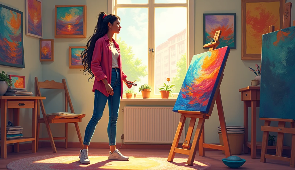Background: Inside Leena’s studio, now more organized and brightly lit with sunlight streaming in. The space feels renewed, with vibrant new paintings hanging on the walls that exude warmth and emotion. The studio is alive with colors and energy.
Style: Illustrative with vivid, dynamic colors reflecting the vibrancy of Leena’s renewed spirit and creative energy. The artwork in the studio should be visibly different, full of life and emotion, showcasing Leena’s transformation
Leena: Standing at her easel, focused on a new painting that bursts with color and emotion. Her posture is confident and relaxed, with a content expression as she works. She is dressed in a fresh, clean outfit, still casual but now reflecting a more polished and thoughtful appearance. The small stone is placed nearby, a quiet reminder of her journey
Mira: Not present in this scene, but her impact is visible through the positive changes in Leena’s studio and artwork, symbolizing the ongoing influence of her guidance.
