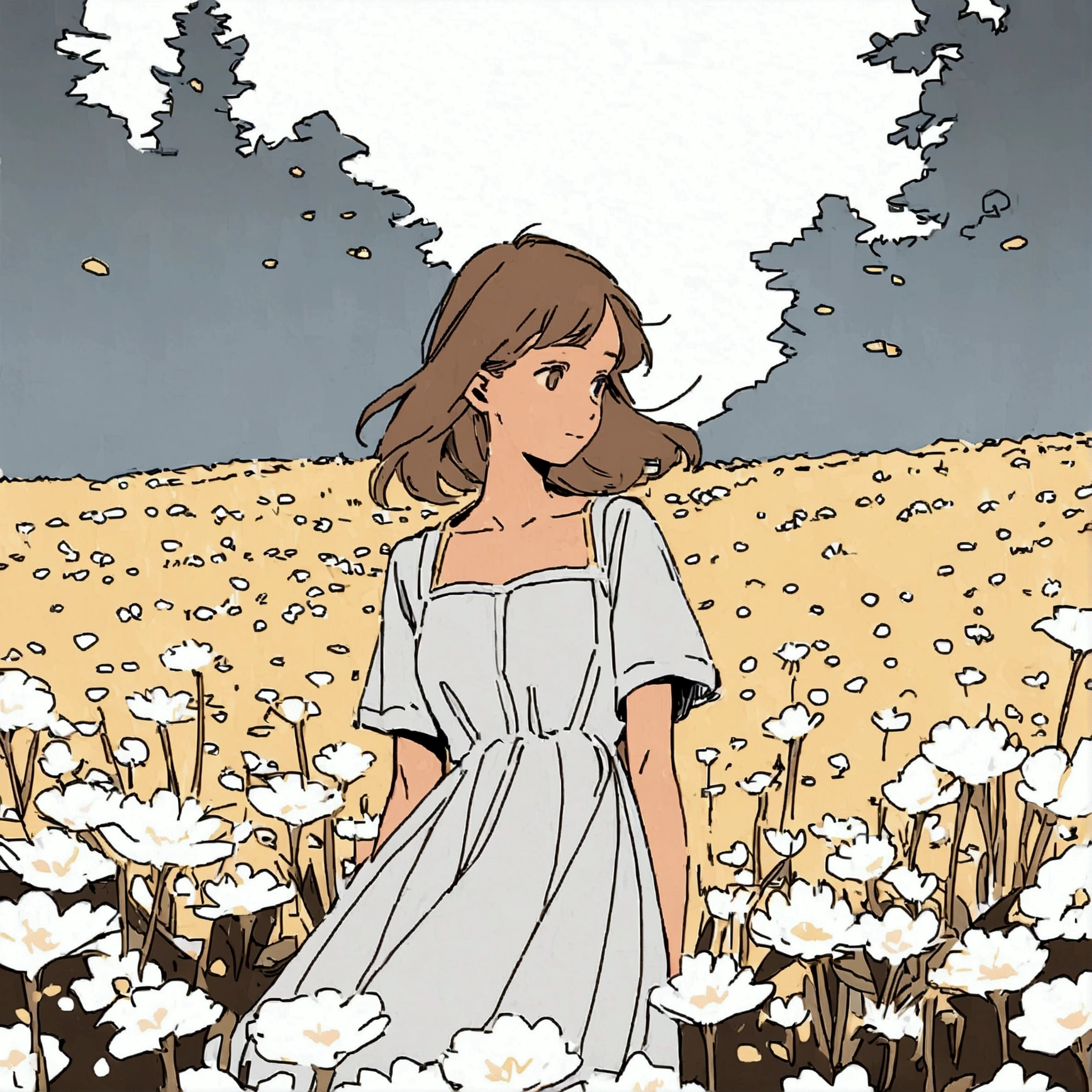 White sky, youth, white dress woman, white flowers, nostalgic, flat color, delicate scenery, flower field