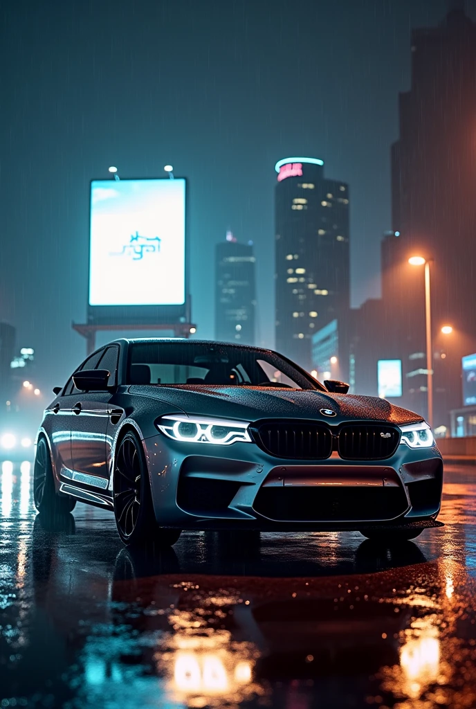 A BMW m5 car standing at night with raining and in back ground there are buldings and also a bilboard looking at camera written “Osaid Goraya” on it very realistically ultra realistic 8k