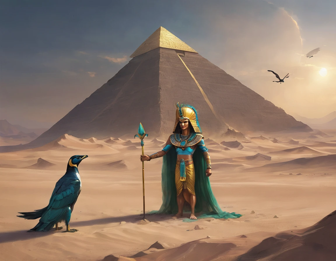 A delicate 3D CGI game-like depiction of an ancient Egyptian deity floating majestically above the desert with the pyramids below. The deity has a bird-like head resembling a penguin, facing forward, dressed in traditional ancient Egyptian attire: a green tunic and yellow skirt, with a detailed blue and gold striped headdress. The skin appears as polished stone or bronze, mimicking ancient Egyptian art. In one hand, the deity holds a meticulously crafted staff, and in the other, a gold ankh symbol. Above the deity’s head, a glowing red sun disk with a coiled golden cobra hovers. The figure is enormous, with wings spread wide, floating in the Egyptian desert sky with the sun behind, casting an awe-inspiring halo around it. Below, the pyramids are dwarfed by the deity's colossal size. The background features a vast desert landscape, with a fierce sandstorm swirling across the land, adding to the dramatic and otherworldly atmosphere. The overall style is finely detailed, reflecting the precision and texture of high-quality 3D CGI, making the scene feel like an intricate and immersive part of a fantasy game world