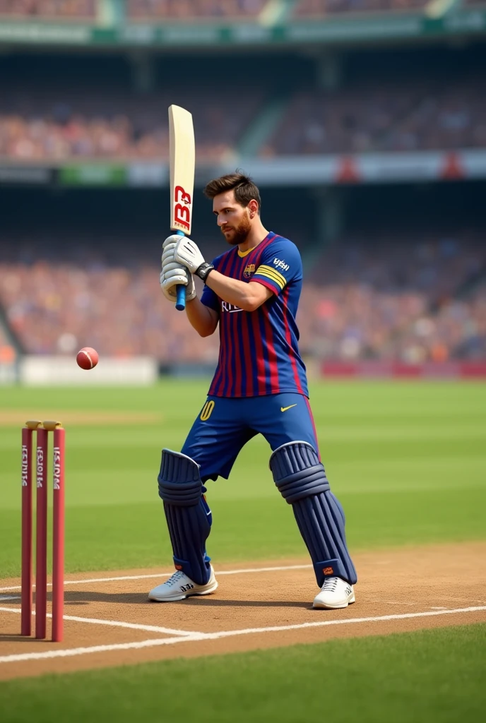 Messi is bating the small cricket ball with the bat