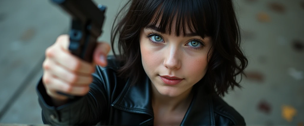 Captured from a high-angle, eye-level perspective, a medium-sized girl, dressed in a black leather jacket, holds a gun in her right hand. Her left hand is raised in the air, while her right arm rests on her hip. Her right arm is draped over her shoulder, adding a pop of color to the scene. The girl's hair is a dark brown, with bangs, and she's looking off to the side. Her eyes are a piercing blue, and her lips are a lighter shade of brown. Her hair is styled in a bob, with a slight smile on her face. The backdrop is blurred, creating a stark contrast to the girl and the pet.