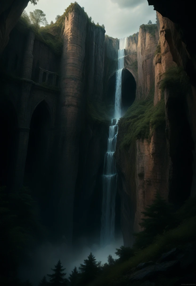 a cliff overlooking a waterfall, several arch-shaped stones at the top, matte painting 8k, matte paint 8K, vertical wallpaper 8K, vertical wallpaper 8K, vertical wallpaper 4K, vertical wallpaper 4K, lost series, realistic fantasy rendering, digital painting with 8K resolution, digital painting with 8K resolution,  Jessica Rossier fantasy art, 4K rendered matte paint, 3D rendered matte paint  