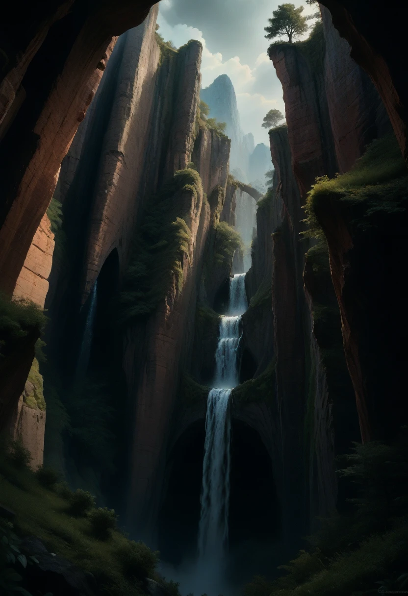 a cliff overlooking a waterfall, several arch-shaped stones at the top, matte painting 8k, matte paint 8K, vertical wallpaper 8K, vertical wallpaper 8K, vertical wallpaper 4K, vertical wallpaper 4K, lost series, realistic fantasy rendering, digital painting with 8K resolution, digital painting with 8K resolution,  Jessica Rossier fantasy art, 4K rendered matte paint, 3D rendered matte paint  