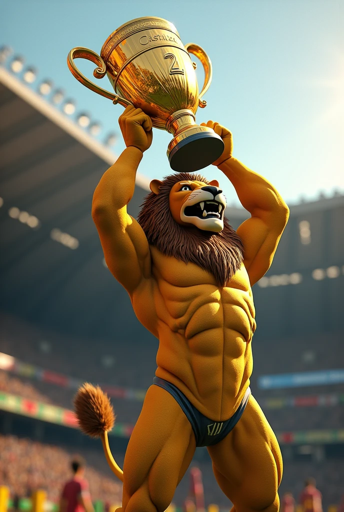 Fortaleza's lion mascot lifting the Brazilian champion trophy inside the Castelao stadium