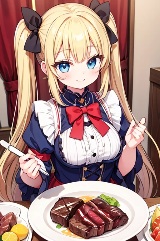 A happy smile,Large serving of beef steaks,large amount of steak,Highest quality,Blonde with blue eyes、****ta、Small breasts、Twin tails、girl&#39;enjoy,smile,bonnet,