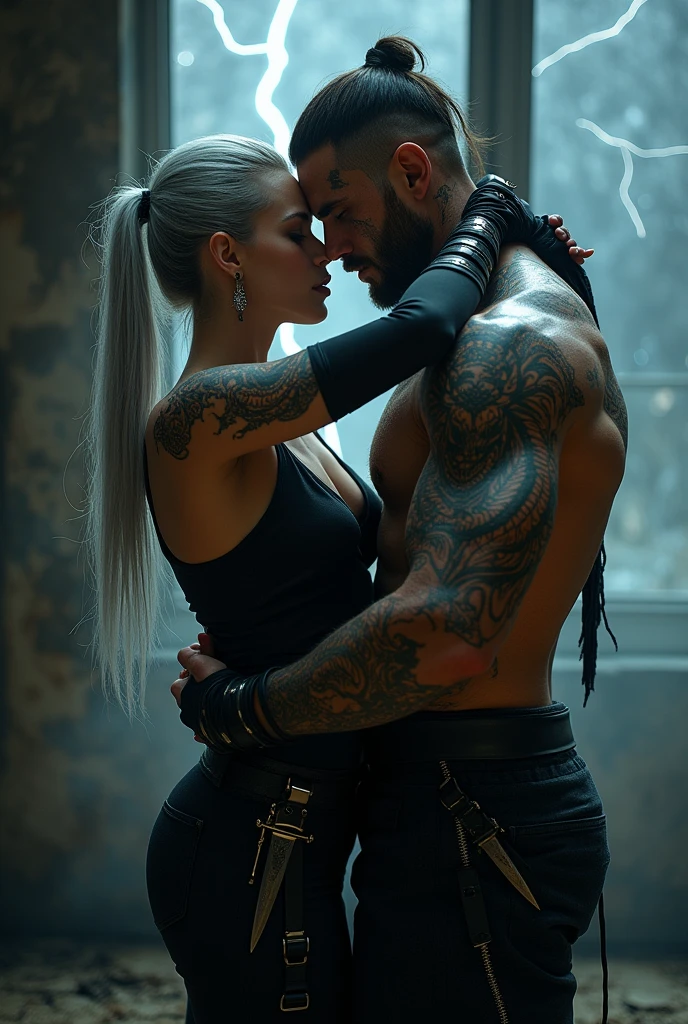 Create an image of a couple kissing at the desk, She has silver hair and an all-black fighting outfit with daggers on her body, he is strong and has a scar on his eye, tattoo of cuts all over his arm and a dragon tattoo covering his back, black clothes and thunder falls in the window. They are in a room. Hair cpm braids. He has black hair and shadows come out from behind him.. He looks like the actor from divergent.he has short hair. she is short