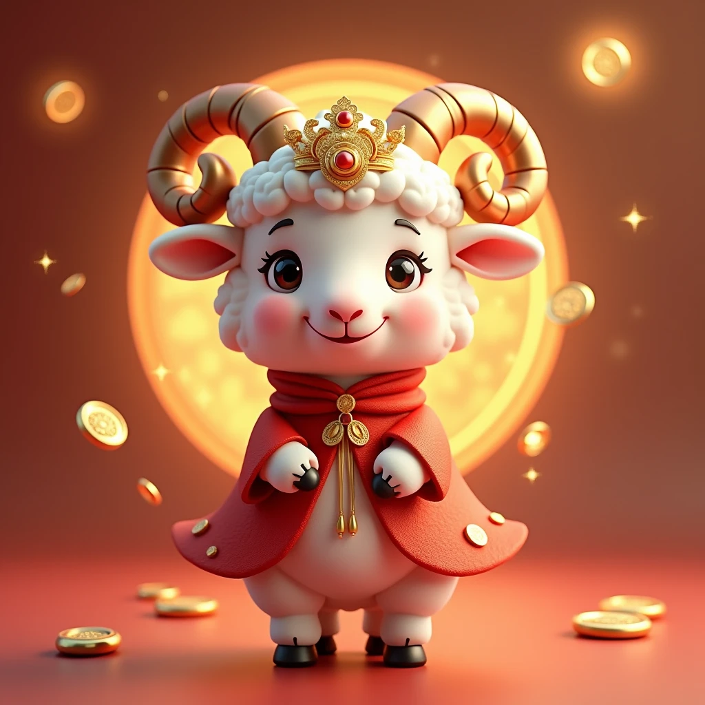 Hand-painted cartoon 3D zodiac sheep,Wearing a bright red cape,Wearing a gorgeous crown on his head,The clothes are studded with shining gold coins。The sheep has a friendly expression,The eyes reveal wisdom and warmth,Soft wool and elegant angular lines are meticulously crafted。The background is full of New Year's atmosphere,Flying gold coins and brilliance dot the scene,Adds a festive feel。The overall artistic style presents a regeneration of pictographic moving points,Lively and dynamic。”