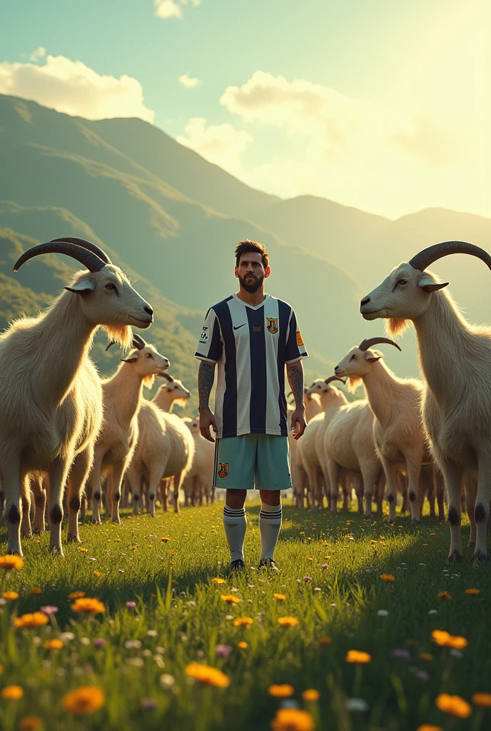 Messi in a goat field with huge goat