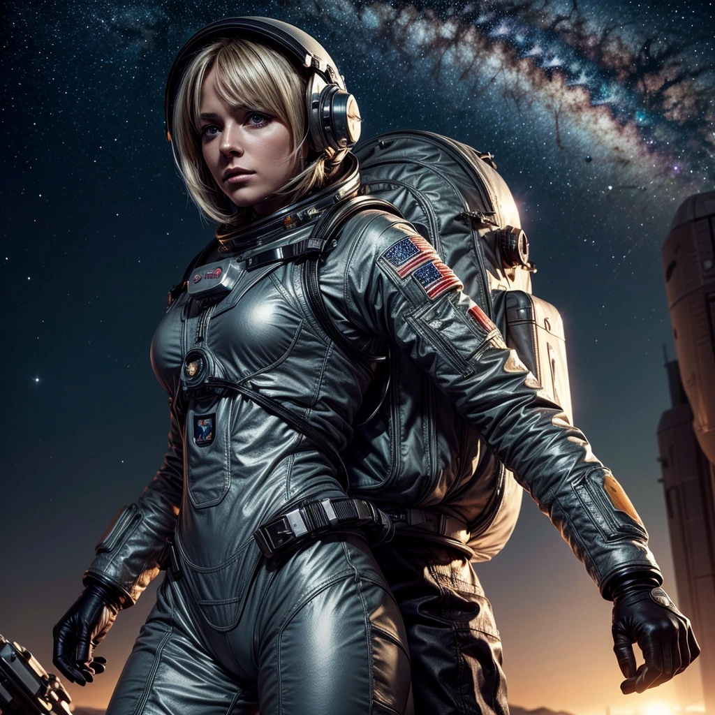 masterpiece, a beautiful blonde german girl lonely astronaut, desolate planetary landscape, space and stars, electric ambiance, utility belt, metallic gray zinc, science fiction, ultra high resolution. Photorealistic, 16k, UHD, HDR, Best quality, skin-tight astronaut suit, intricate, most fantastic details, ROUGH, Dramatic lighting, full body, spaceships in the sky, realistic reflections, sunrise, focus scale, , determined, dynamic posture, a military space complex in the background
