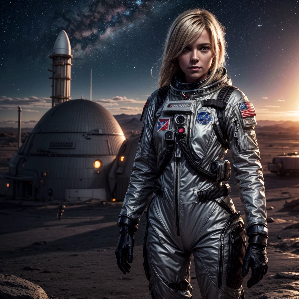 masterpiece, a beautiful blonde german girl lonely astronaut, desolate planetary landscape, space and stars, electric ambiance, utility belt, metallic gray zinc, science fiction, ultra high resolution. Photorealistic, 16k, UHD, HDR, Best quality, skin-tight astronaut suit, intricate, most fantastic details, ROUGH, Dramatic lighting, full body, spaceships in the sky, realistic reflections, sunrise, focus scale, , determined, dynamic posture, a military space complex in the background